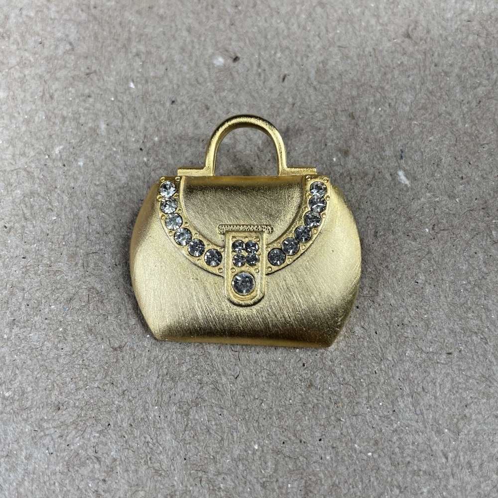 Vintage JJ Jonette LADIES PURSE TOTE BAG Brooch Pin RHINESTONES Gold Tone Bling